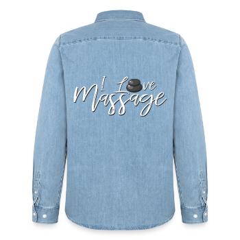 massage - Men’s Organic Denim Shirt by Stanley/Stella - light wash - Back - AI Model Male 185 light (185cm)