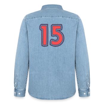 15. 15 JAHRE. 15-JÄHRIGES JUBILÄUM. 15-JÄHRIGES JUBILÄUM. - Männer Jeanshemd Organic von Stanley/Stella - verwaschenes Hellblau - Hinten - AI Model Male 185 light (185cm)