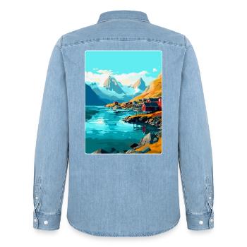 Lofoten Norwegen Vintage Reiseposter WPA - Männer Jeanshemd Organic von Stanley/Stella - verwaschenes Hellblau - Hinten - AI Model Male 185 light (185cm)