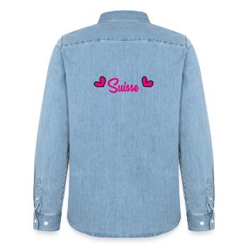 SUISSE. HUMOUR. PAYS. DRAPEAU. GENEVE. LAUSANNE - Chemise en denim homme bio Stanley/Stella - bleu clair délavé - Dos - AI Model Male 185 light (185cm)