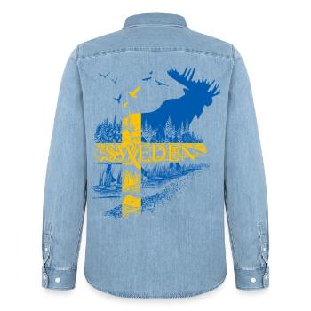 SWEDEN ELCH SCHWEDEN FLAGGE - Männer Jeanshemd Organic von Stanley/Stella - verwaschenes Hellblau - Hinten - AI Model Male 185 light (185cm)