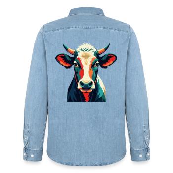 Cow Cartoon Character Colorful Pet Animal - Men’s Organic Denim Shirt by Stanley/Stella - light wash - Back - AI Model Male 185 light (185cm)