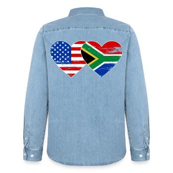 USA South Africa Flag Heart Shape Used - Men’s Organic Denim Shirt by Stanley/Stella - light wash - Back - AI Model Male 185 light (185cm)