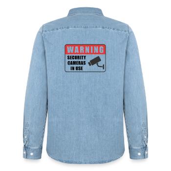 Warning CCTV Camera Badge Security Sign Icon - Men’s Organic Denim Shirt by Stanley/Stella - light wash - Back - AI Model Male 185 light (185cm)