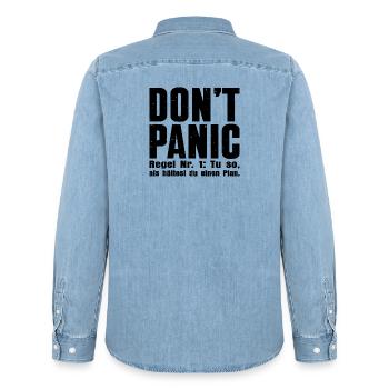 "DON'T PANIC" – The cult shirt - Men’s Organic Denim Shirt by Stanley/Stella - light wash - Back - AI Model Male 185 light (185cm)