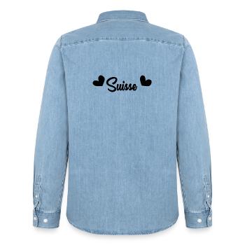 SUISSE. HUMOUR. PAYS. DRAPEAU. GENEVE. LAUSANNE - Chemise en denim homme bio Stanley/Stella - bleu clair délavé - Dos - AI Model Male 185 light (185cm)