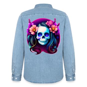 Dame du Crâne Mystique aux Fleurs – Néon Gothique - Chemise en denim homme bio Stanley/Stella - bleu clair délavé - Dos - AI Model Male 185 light (185cm)