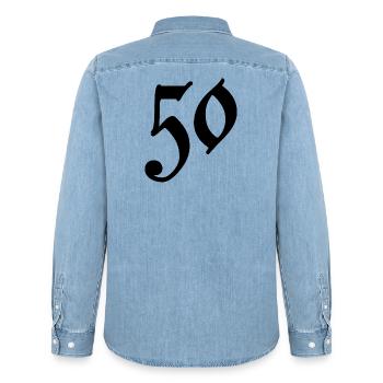 50. 50 YEARS. 50th ANNIVERSARY. 50 YEARS ANNIVERSARY. - Men’s Organic Denim Shirt by Stanley/Stella - light wash - Back - AI Model Male 185 light (185cm)