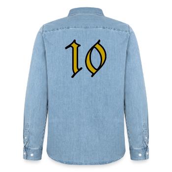 10. 10 YEARS. 10th ANNIVERSARY. 10 YEAR ANNIVERSARY. - Men’s Organic Denim Shirt by Stanley/Stella - light wash - Back - AI Model Male 185 light (185cm)