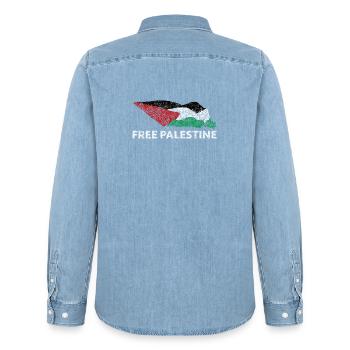 Free Palestine - Men’s Organic Denim Shirt by Stanley/Stella - light wash - Back - AI Model Male 185 light (185cm)