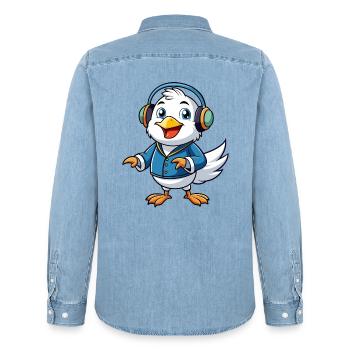Mouette Funny Cartoon Character Musique de casque - Chemise en denim homme bio Stanley/Stella - bleu clair délavé - Dos - AI Model Male 185 light (185cm)