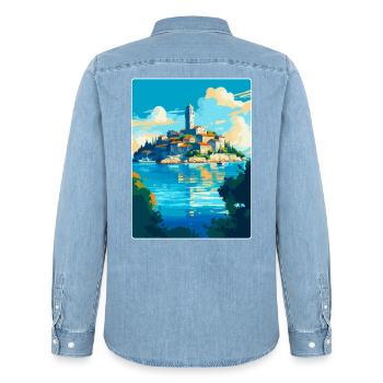 Insel Rab Kroatien Vintage Reiseplakat Souvenir - Männer Jeanshemd Organic von Stanley/Stella - verwaschenes Hellblau - Hinten - AI Model Male 185 light (185cm)