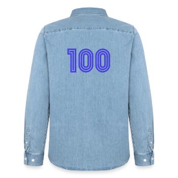 100. 100 YEARS. 100th ANNIVERSARY. BIRTHDAY 100 - Men’s Organic Denim Shirt by Stanley/Stella - light wash - Back - AI Model Male 185 light (185cm)