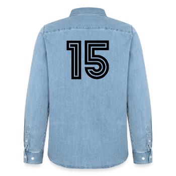 15. 15 ANS. 15e ANNIVERSAIRE. ANNIVERSAIRE 15 ANS. - Chemise en denim homme bio Stanley/Stella - bleu clair délavé - Dos - AI Model Male 185 light (185cm)