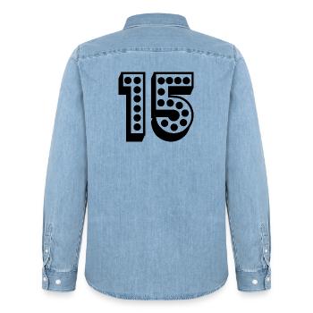 15. 15 ANS. 15e ANNIVERSAIRE. ANNIVERSAIRE 15 ANS. - Chemise en denim homme bio Stanley/Stella - bleu clair délavé - Dos - AI Model Male 185 light (185cm)