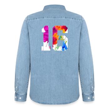 NUMMER 16 JAHRE ALT 16. GEBURTSTAG - Männer Jeanshemd Organic von Stanley/Stella - verwaschenes Hellblau - Hinten - AI Model Male 185 light (185cm)
