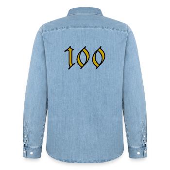100. 100 YEARS. 100th ANNIVERSARY. BIRTHDAY 100 - Men’s Organic Denim Shirt by Stanley/Stella - light wash - Back - AI Model Male 185 light (185cm)