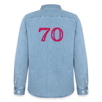 70. 70 ANS. 70e ANNIVERSAIRE. ANNIVERSAIRE 70 ANS. - Chemise en denim homme bio Stanley/Stella - bleu clair délavé - Dos - AI Model Male 185 light (185cm)