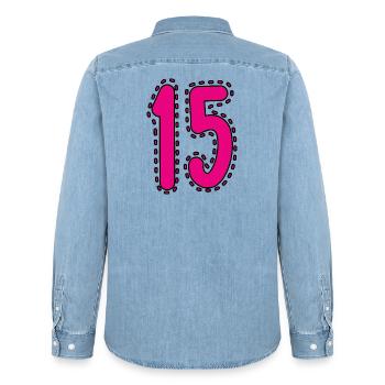 15. 15 ANS. 15e ANNIVERSAIRE. ANNIVERSAIRE 15 ANS. - Chemise en denim homme bio Stanley/Stella - bleu clair délavé - Dos - AI Model Male 185 light (185cm)