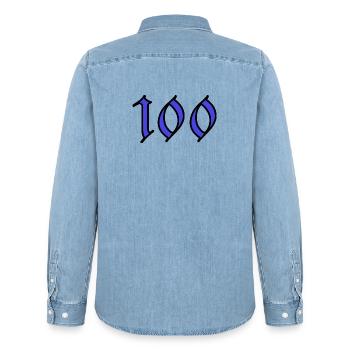 100. 100 YEARS. 100th ANNIVERSARY. BIRTHDAY 100 - Men’s Organic Denim Shirt by Stanley/Stella - light wash - Back - AI Model Male 185 light (185cm)