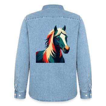 Pony Cartoon Figur Buntes Haustier Tier - Männer Jeanshemd Organic von Stanley/Stella - verwaschenes Hellblau - Hinten - AI Model Male 185 light (185cm)