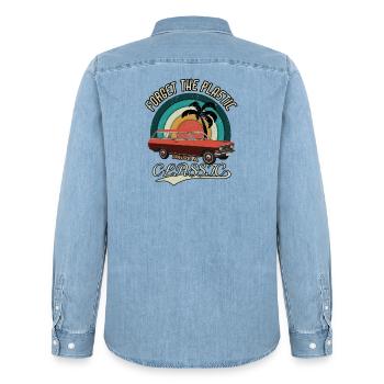 Vintage Drive the classics Oldtimer Classic Car - Men’s Organic Denim Shirt by Stanley/Stella - light wash - Back - AI Model Male 185 light (185cm)