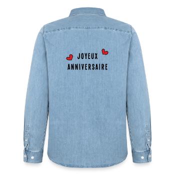 HAPPY BIRTHDAY. ANNIVERSAIRE. BON ANNIVERSAIRE - Chemise en denim homme bio Stanley/Stella - bleu clair délavé - Dos - AI Model Male 185 light (185cm)