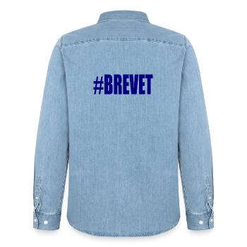 FERRY. BACCALAUREAT. PATENT. DNB. EXAMINATION. WELL DONE - Men’s Organic Denim Shirt by Stanley/Stella - light wash - Back - AI Model Male 185 light (185cm)