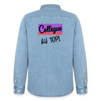 COLLEGUE. DEPART. EMPLOI. HUMOUR. MANAGER. CHEF - Chemise en denim homme bio Stanley/Stella - bleu clair délavé - Dos - AI Model Male 185 light (185cm)