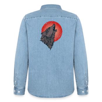 Loup hurlant, pleine lune - Chemise en denim homme bio Stanley/Stella - bleu clair délavé - Dos - AI Model Male 185 light (185cm)