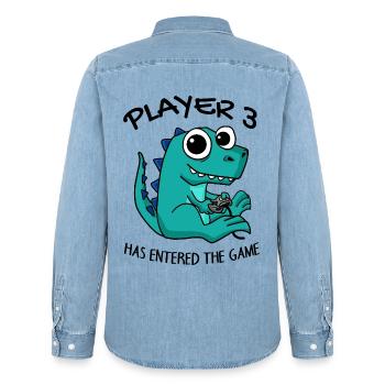 Drittes Kind Spieler 3 Schwanger Baby Dinosaurier - Männer Jeanshemd Organic von Stanley/Stella - verwaschenes Hellblau - Hinten - AI Model Male 185 light (185cm)