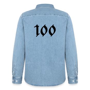 100. 100 YEARS. 100th ANNIVERSARY. BIRTHDAY 100 - Men’s Organic Denim Shirt by Stanley/Stella - light wash - Back - AI Model Male 185 light (185cm)