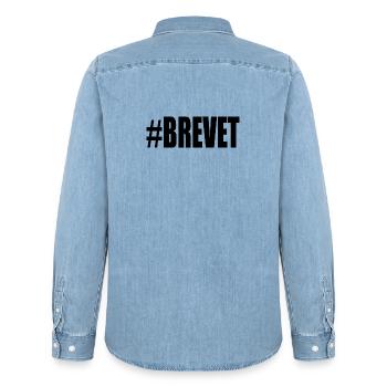 FERRY. BACCALAUREAT. PATENT. DNB. EXAMINATION. WELL DONE - Men’s Organic Denim Shirt by Stanley/Stella - light wash - Back - AI Model Male 185 light (185cm)
