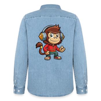 Affe Lustige Zeichentrickfigur Kopfhörer Musik - Männer Jeanshemd Organic von Stanley/Stella - verwaschenes Hellblau - Hinten - AI Model Male 185 light (185cm)