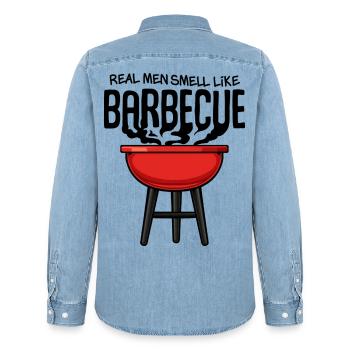 Red Kettle Grill Illustration - Men’s Organic Denim Shirt by Stanley/Stella - light wash - Back - AI Model Male 185 light (185cm)