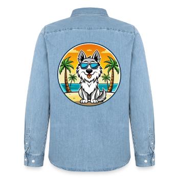 Lunettes de soleil de race de chien de berger des Carpates - Chemise en denim homme bio Stanley/Stella - bleu clair délavé - Dos - AI Model Male 185 light (185cm)