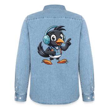 Magpie Drôle Dessin Animé Personnage Casque Musique - Chemise en denim homme bio Stanley/Stella - bleu clair délavé - Dos - AI Model Male 185 light (185cm)