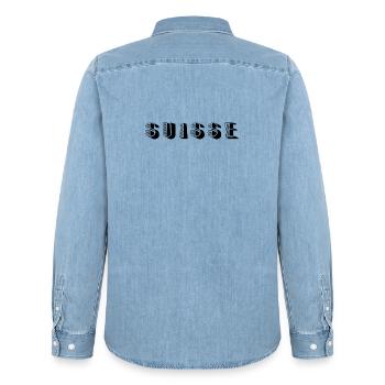 SUISSE. HUMOUR. PAYS. DRAPEAU. GENEVE. LAUSANNE - Chemise en denim homme bio Stanley/Stella - bleu clair délavé - Dos - AI Model Male 185 light (185cm)