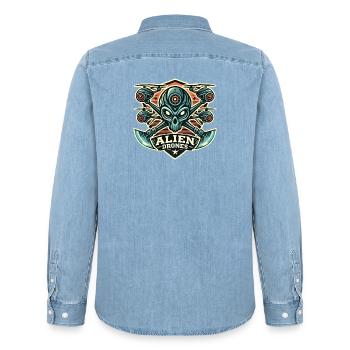 Logo des drones extraterrestres - Chemise en denim homme bio Stanley/Stella - bleu clair délavé - Dos - AI Model Male 185 light (185cm)