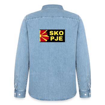 Skopje City with North Macedonia Flag Design - Men’s Organic Denim Shirt by Stanley/Stella - light wash - Back - AI Model Male 185 light (185cm)