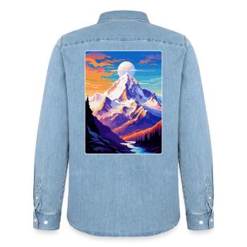 Mont Blanc Mountain Europe Vintage Travel Poster - Men’s Organic Denim Shirt by Stanley/Stella - light wash - Back - AI Model Male 185 light (185cm)