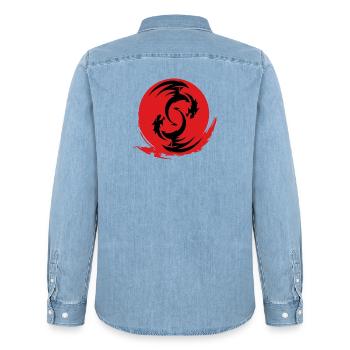 Red Dragon Circle - Men’s Organic Denim Shirt by Stanley/Stella - light wash - Back - AI Model Male 185 light (185cm)