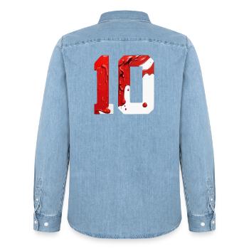NON. 10 NUMÉRO 10 ROUGE BLANC 10E ANNIVERSAIRE - Chemise en denim homme bio Stanley/Stella - bleu clair délavé - Dos - AI Model Male 185 light (185cm)