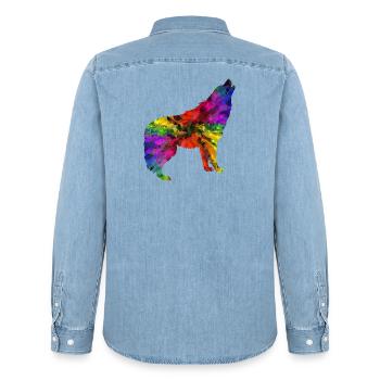 Wolf Regenbogen - Männer Jeanshemd Organic von Stanley/Stella - verwaschenes Hellblau - Hinten - AI Model Male 185 light (185cm)