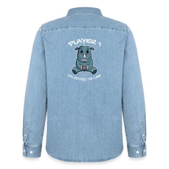 Spieler 1 hat das Spiel Betreten Baby Nashorn - Männer Jeanshemd Organic von Stanley/Stella - verwaschenes Hellblau - Hinten - AI Model Male 185 light (185cm)
