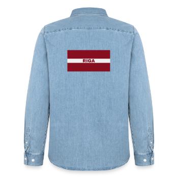 Riga City in Latvian Flag - Men’s Organic Denim Shirt by Stanley/Stella - light wash - Back - AI Model Male 185 light (185cm)