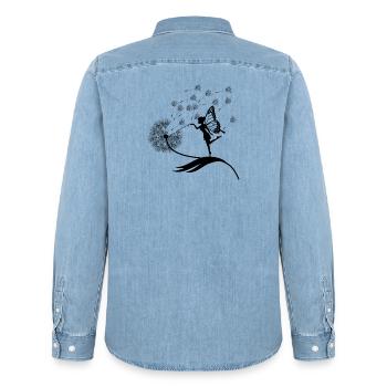 Papillons design puste fleurs prairie coeurs fées - Chemise en denim homme bio Stanley/Stella - bleu clair délavé - Dos - AI Model Male 185 light (185cm)