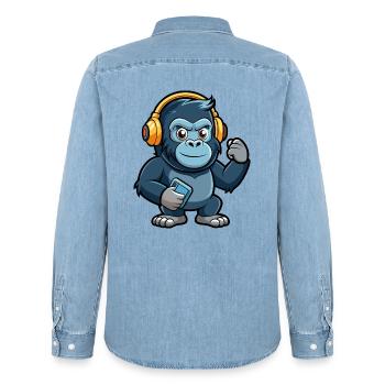 Gorille Funny Cartoon Character Musique de casque - Chemise en denim homme bio Stanley/Stella - bleu clair délavé - Dos - AI Model Male 185 light (185cm)