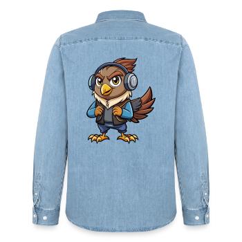 Hawk Funny Cartoon Character Musique de casque - Chemise en denim homme bio Stanley/Stella - bleu clair délavé - Dos - AI Model Male 185 light (185cm)