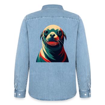 Seal Cartoon Character Colorful Pet Animal - Men’s Organic Denim Shirt by Stanley/Stella - light wash - Back - AI Model Male 185 light (185cm)